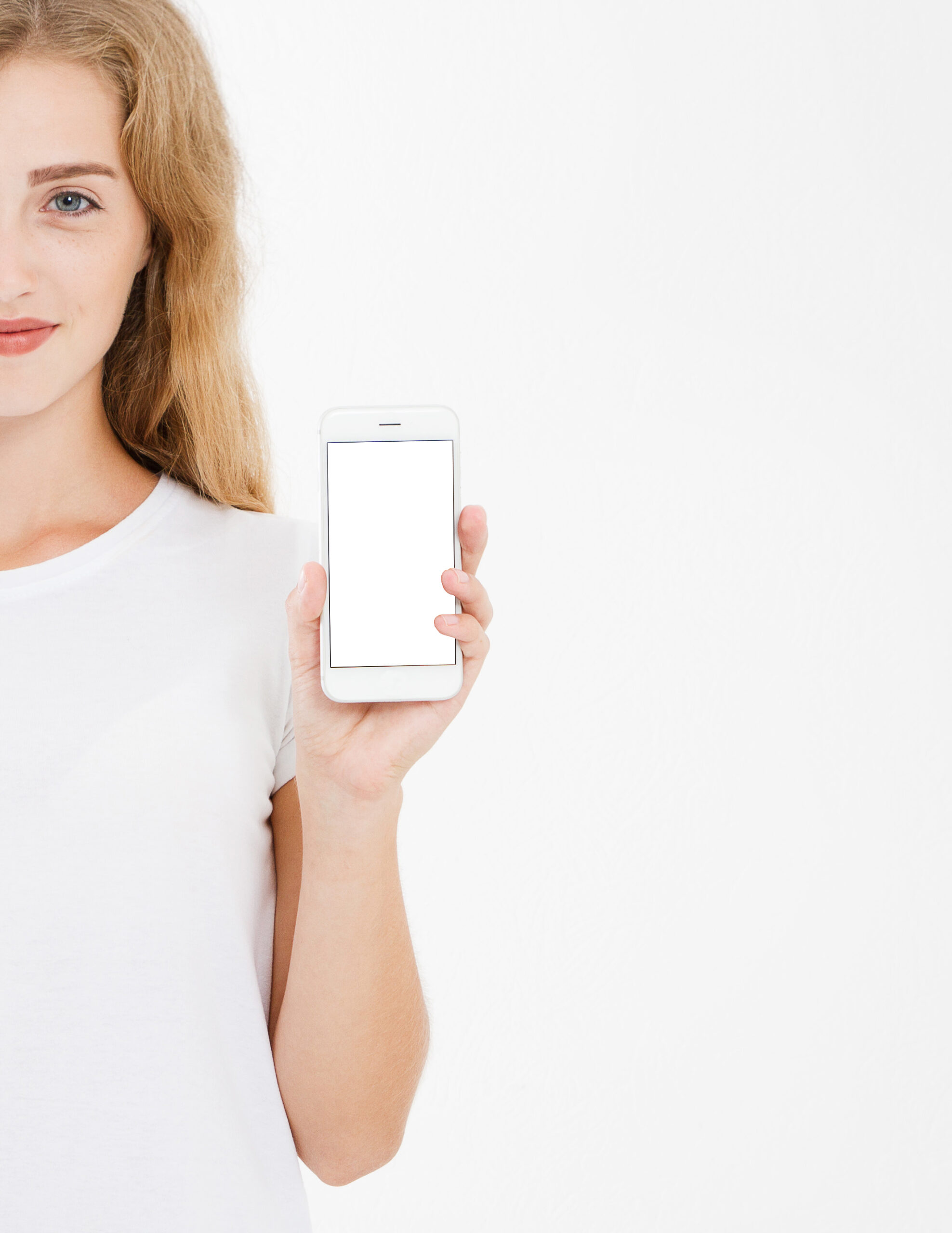 cropped portrait woman hold blank screen cell phone isolated on white background. arm holding smartphone, copy space